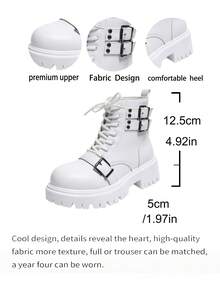 Women's Lace-Up Buckle Decor Thick Sole Boots With Back Pull Tab And Side Zipper Work Boots - White - View 9
