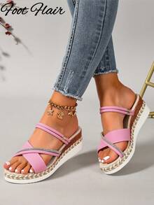 Foot Flair 大尺碼女款露趾厚底粉色涼鞋，舒適百搭海灘度假穿搭，夏季 - 粉色 - 查看 6