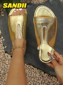 Size 44 Hollow Out Black Casual Comfortable Slip-On Sandals, Patchwork Design Suitable For Beach, Vacation, Date, Valentine's Day - Gold - View 1