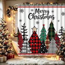 1/4pcs Christmas Tree Pattern Shower Curtain Set, Merry Christmas Buffalo Plaid Farmhouse Style Shower Curtain, Waterproof Fabric Winter Bathroom Shower Curtain, 70.8*70.8 Inches - A - View 9