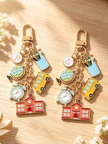 Back To School Themed Enamel Keychain,Initial Letter Bag Charm With School Bus Globe Alarm Clock Pencil Holder Pendant,Gift For Student Teacher,Halloween Christmas - Multicolor - View 7