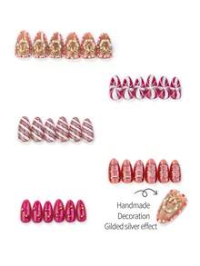 10 Pcs Press On Nails, Sweet Daily‑Wear Almond False Nails, Christmas Winter Candy Cane Wreath Pattern, Glitter Stripe Pearl Rhinestone Inlaid Reusable Nail Tips For Holiday Gathering Dating Casual Occasions, Fit For Nail Decoration - Multicolor - View 4