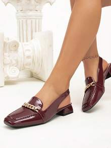 Women's Mid-Heel Patent Leather Loafers With Back Strap, Square Toe, Metal Chain Decor, Comfortable Commuter Shoes - Burgundy - View 5