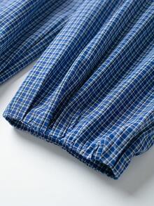 Women's Crop Top, Long Sleeve Stand Collar Drawstring Plaid Shirt - Blue - View 5
