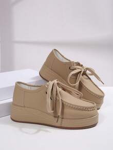 Women's Wedge Heel Thick Sole Loafers, Retro Leather Upper, Versatile Round Toe Front Lace-Up Casual Sneakers, Solid Color - Khaki - View 7