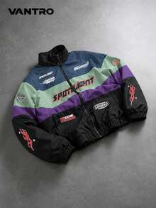 Men's Vintage Racing Style Printed Colorblock Jacket, Loose Casual Streetwear Outerwear, Relaxed Casual Style - Mint Green - View 1