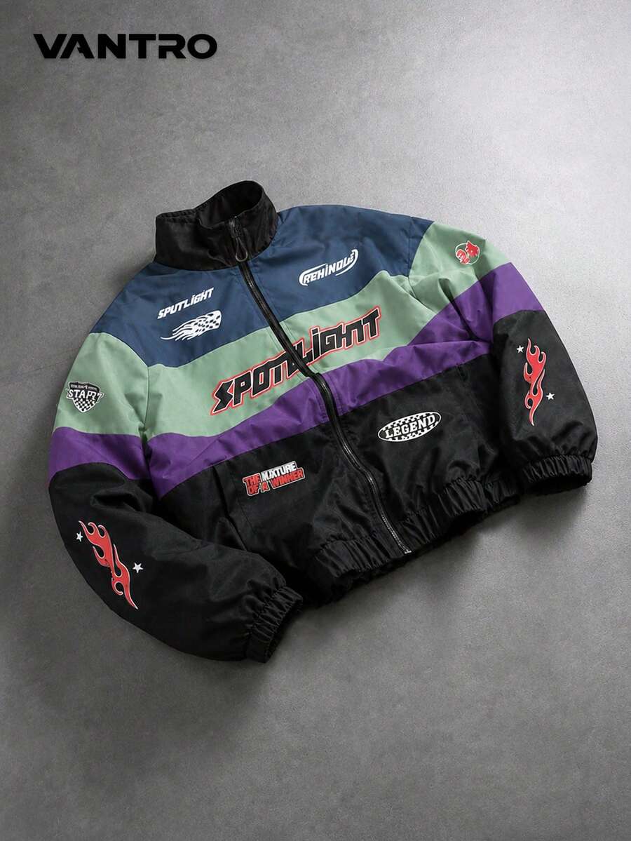 Men's Vintage Racing Style Printed Colorblock Jacket, Loose Casual Streetwear Outerwear, Relaxed Casual Style - Mint Green - View 1