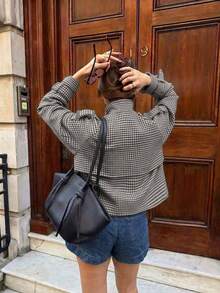 Women's Fashion Houndstooth Double-Breasted Coat, Funnel Neck Long Sleeve Design, Perfect Choice For Autumn/Winter - Coffee - View 6
