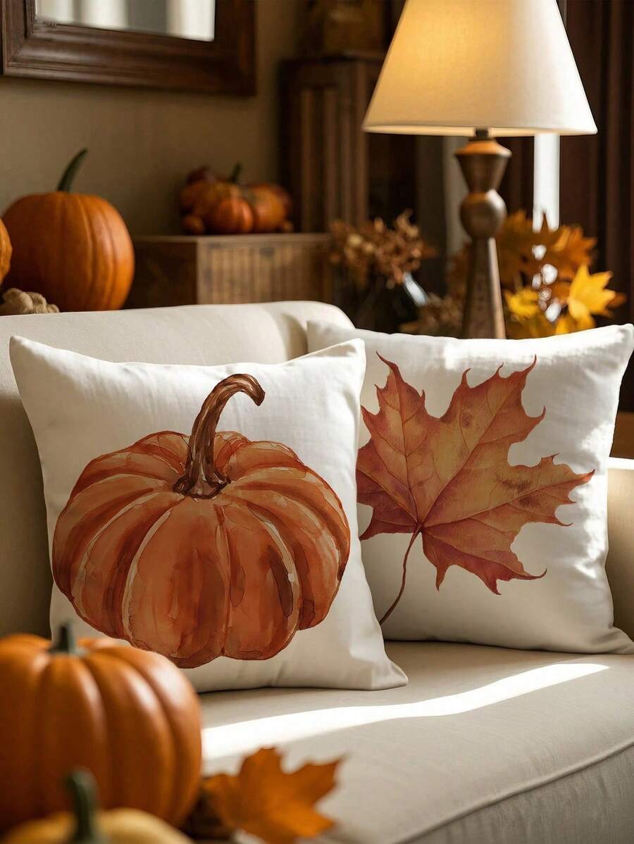 1pc Thanksgiving Maple Leaf And Pumpkin Print Throw Pillow Cover – Harvest-Themed Decor; Single-Sided Digital Print; Suitable For Sofa, Living Room, And Bedroom; Zipper Closure; Machine Washable (Insert Not Included) - Brown - View 1