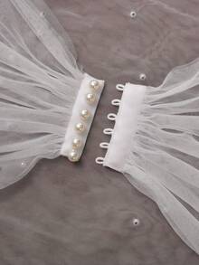 French Sheer Tulle Pearl Shrug, Short Arm Cover, Wrap For Strapless Wedding Gown - Multicolor - View 5