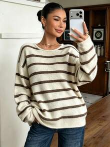 Women's Early Autumn Contrast Striped Sweater, Round Neck Dropped Shoulder Loose Fit, Soft Knit Pullover Top, Casual Commute Daily Wear - Camel - View 1