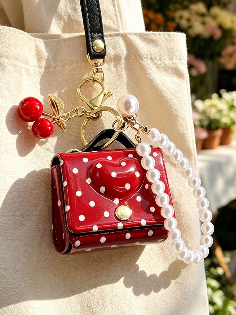 Women's Mini Coin Purse Keychain With Pearl Chain And Small Cherry, Cute Designer Style Handbag Tote Bag Charm Accessory - Multicolor - View 1