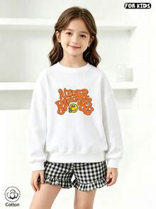 Kids Casual Cute Sweatshirt: Orange Letter & Yellow  Print, Round Neck Long Sleeve Loose Fit, Comfortable Breathable For Spring Autumn Daily Wea - White - View 3