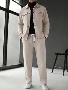 Men's Casual Shirt & Jacket Set, Beige Wool-Like Fabric, Autumn, Single-Breasted Long Sleeve Jacket And Drawstring Waist Pants Set - Apricot - View 2