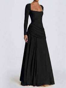 Fall Winter Fantasy Asymmetrical Square Neck Long Sleeve Ruched Women's Long Maxi Dress Black Dress Night Out Evening Party Dress Sexy Clothes - Black - View 8