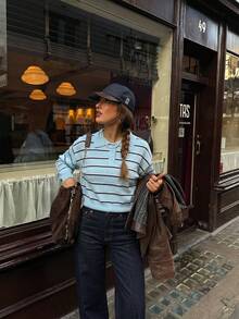 Women's Casual Fashion Autumn/Winter Colorblock Striped Polo Collar Long Sleeve Loose Button Ribbed Short Sweater, American Vintage Style Fall - Blue - View 7