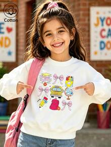 Kids' Loose Fit Crewneck Sweatshirt With Cute School-Themed Cartoon Print, Soft Breathable Long Sleeve - White - View 2