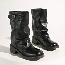 Women's Ruched Mid-Calf Boots, Double-Buckle Chunky Heel Platform Biker Boots, Plain Western Boots, All-Purpose Fall And Winter Street Boots,Dress - Black - View 13