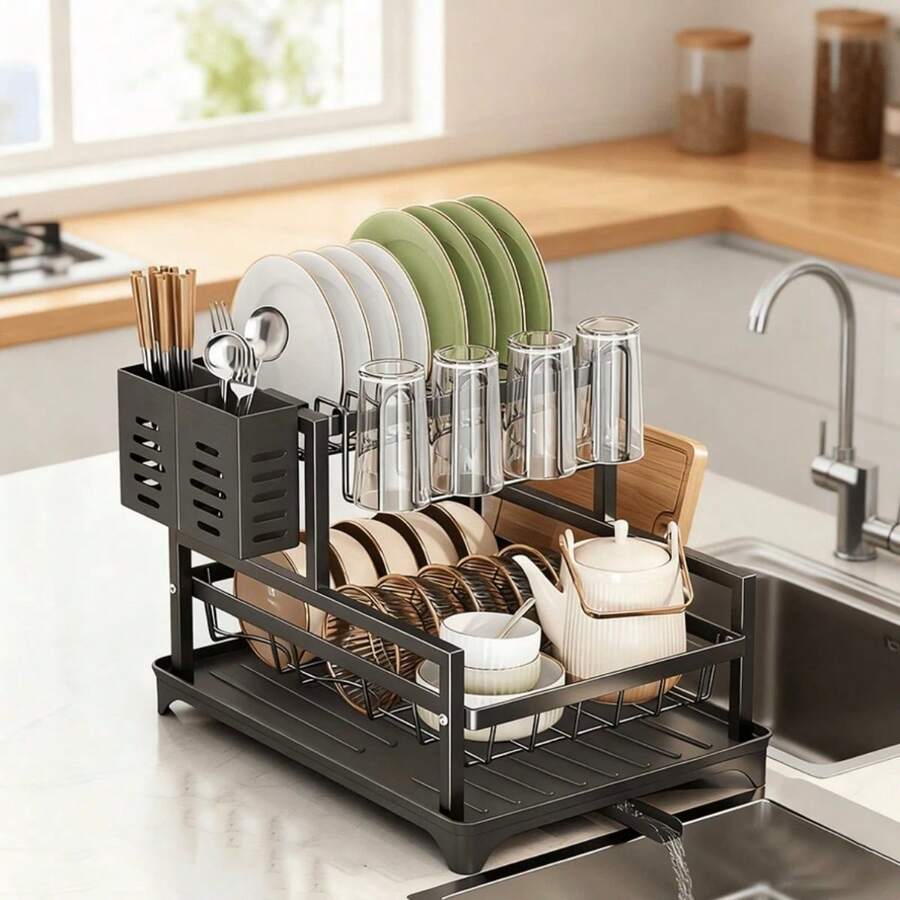 1pc Large Capacity Single-Tier Dish Drying Rack With Compact Utensil Holder And Drainage Spout, Suitable For Kitchen Countertop, Kitchen Storage And Organization Accessory - Black - View 1