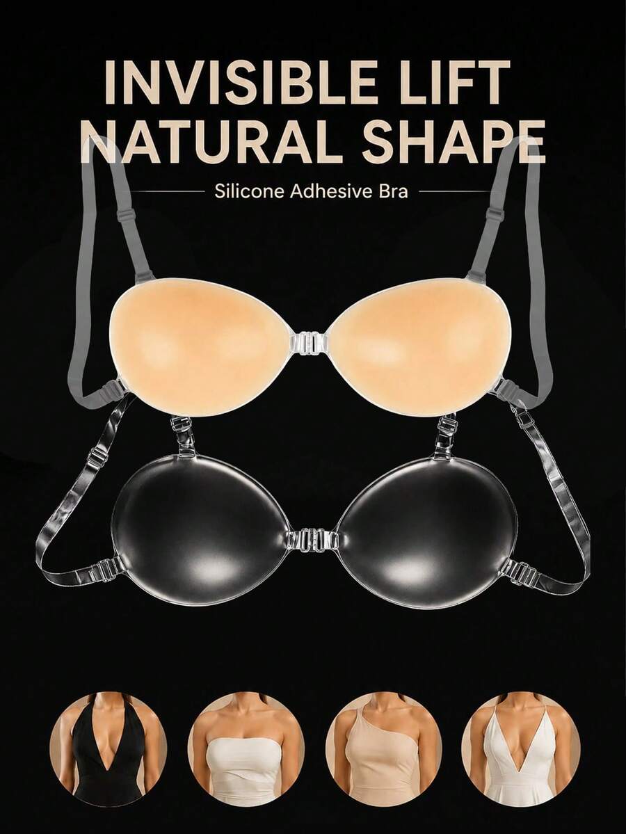 1pc Women's Apricot Invisible Silicone Adhesive Bra, Transparent Straps, Seamless Front Closure Backless Bra, Suitable For Dresses, Tops And Special Occasions - Apricot - View 1