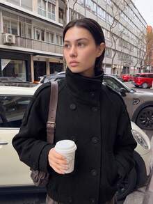 女款時尚黑色粗花呢豌豆大衣，大翻領雙排扣夾克，秋冬休閒優雅穿搭 - 黑色 - 查看 2