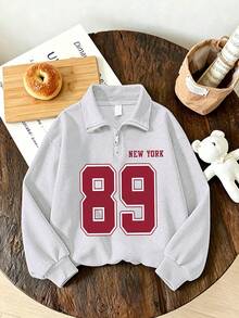 Women's Creative College Style Fashion Minimalist Digital Print Half-Zip Stand Collar Sweatshirt With Printed Loose Wide Leg Pants, 2-Piece Set For Autumn/Winter Daily Wear - Light Grey - View 4