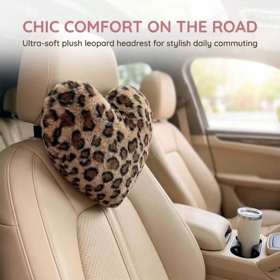 1pc Leopard Print Heart-Shaped Plush Car Neck Pillow, Fashionable Cute Neck Support Pillow To Relieve Fatigue, Women's Car Accessory - Multicolor - View 1