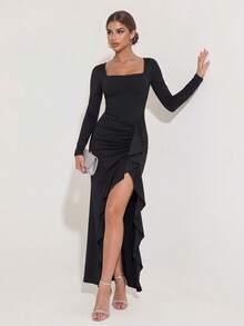 Gaun Maxi Lengan Panjang Leher Persegi Hitam Elegan Colysmo untuk Musim Gugur, Gaun Bodycon Berenda dengan Belahan Tinggi untuk Gaya Pengantin, Peragaan Busana Hoco, Pesta Koktail, dan Acara Malam Hari - Hitam - View 3
