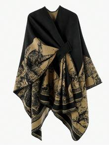 1pc Men's Vintage Landscape Jacquard Buckle Knit Cape Shawl, Thickened Warm Open-Front Wrap Cape Coat With Wool-Like Texture, Autumn/Winter - Multicolor - View 7