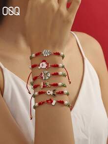 OOQ 6pcs/Set Colorful Beaded Multi-Layer Stackable Bracelet Set, Red & Green Beaded Cartoon Santa Claus, Reindeer, Snowflake With Rhinestone Inlay Women's Bracelet, Christmas Party Holiday Gift - Multicolor - View 2
