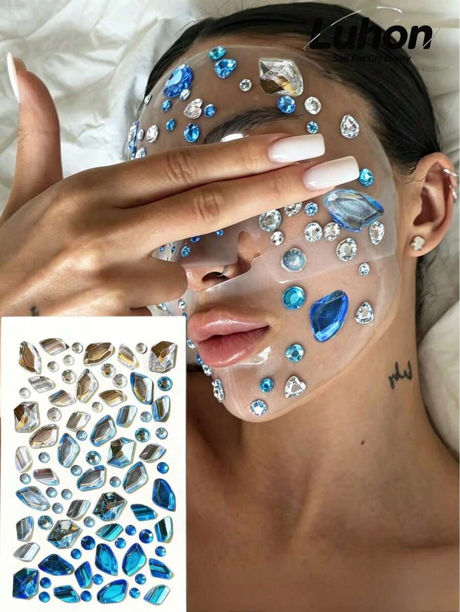 1Set, Metal Phone Stickers, Journaling Supplies, Scrapbook Stickers, Aesthetic Luxury Crystal Gem Themed Decorative Decals, Clear Die Cut, Blue Rhinestone Pattern, For Phone Surface, Water Bottle, Laptop, Camera, Gift Package, Tablet Decor - Blue Gradient Gem Stickers - View 1