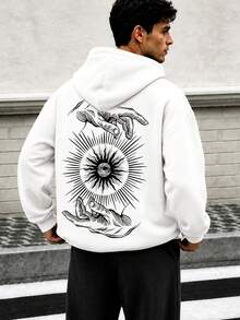 Zrgoth Men's Hooded Sweatshirt, Vintage Line All-Seeing Eye And Palm Print On Back, Long Sleeve Drawstring Streetwear Hoodie - White - View 1