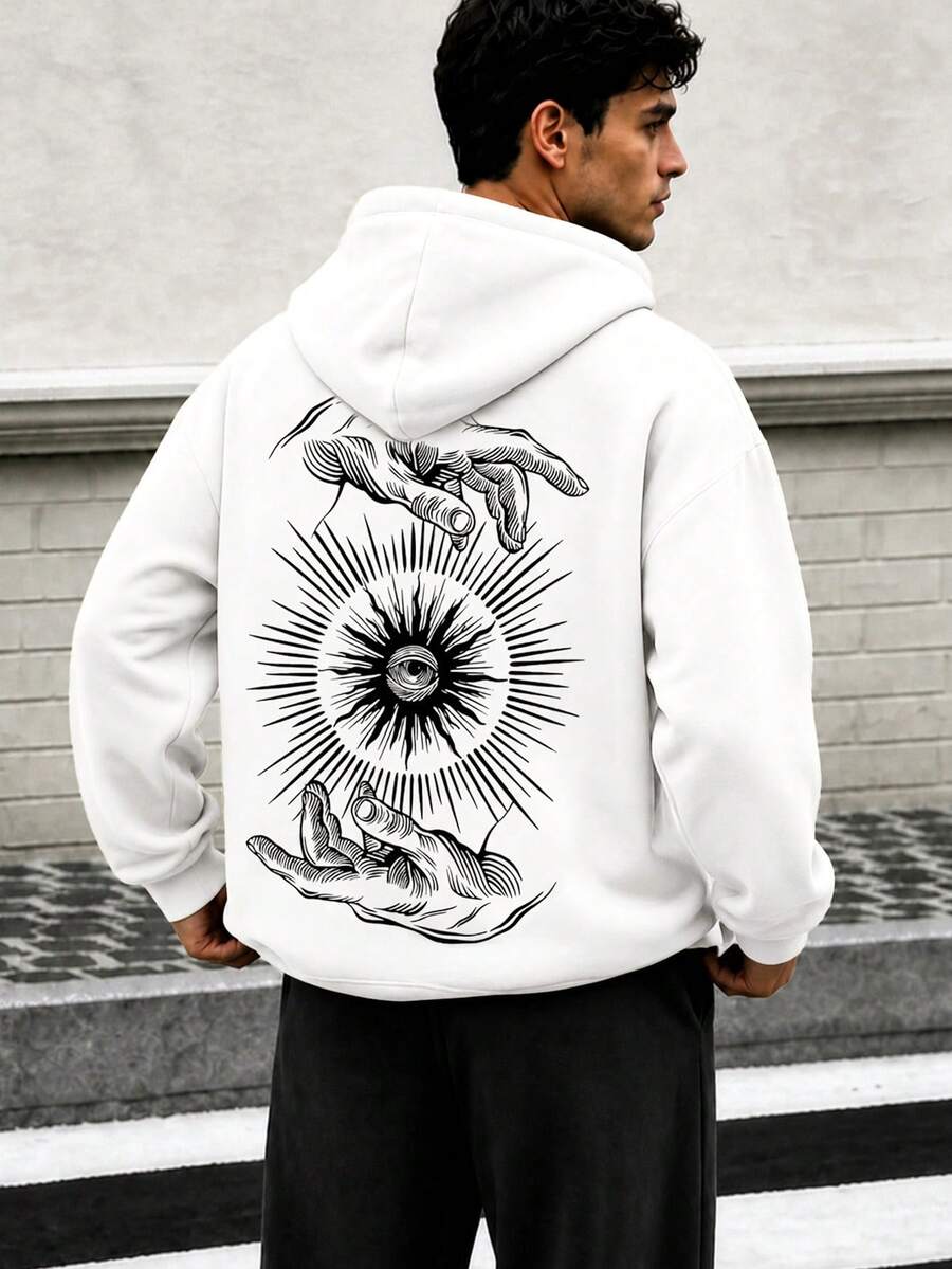 Zrgoth Men's Hooded Sweatshirt, Vintage Line All-Seeing Eye And Palm Print On Back, Long Sleeve Drawstring Streetwear Hoodie - White - View 1