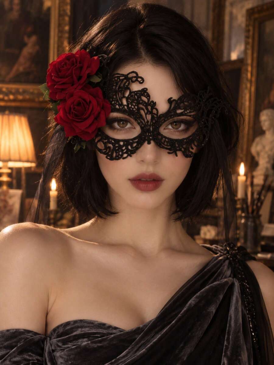 Black Lace Red Rose Masquerade Mask Hair Accessory, Suitable For Bridal Wedding, Bachelorette Party, Halloween Decoration - Black - View 1