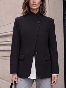 Women's Black Stand Collar Asymmetric Button Long Sleeve Blazer Jacket, Suitable For Spring And Autumn, Daily Commute And Office Wear - Black - View 8