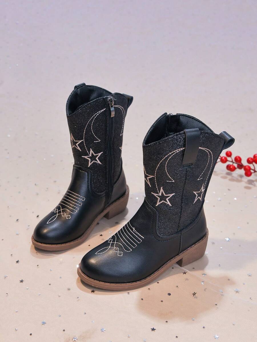 Kids Western Style Mid-Calf Boots With Star Embroidery, Perfect For Stage Shows, Party Gatherings And Weekend Trips - Black - View 1