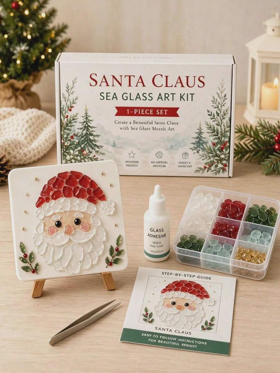 Christmas Sea Glass Mosaic DIY Art Kit, Adult Version, 6 Holiday Designs, 4-Inch Handmade Mosaic Craft Set With Display Stand, Creative Christmas Tabletop Decor, Holiday Gift For Craft Beginners - Multicolor - View 1