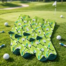 1/3/5 Pairs Fresh Lime Green Golf Themed Mid-Calf Socks, Fun Golf Club & Ball Jacquard, Comfortable & Skin-Friendly, Perfect For Golf And Daily Wear - Green - View 3