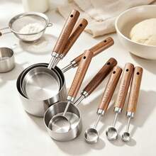 Stainless Steel Measuring Cup And Spoon Set, Baking Cake Measuring Spoons, Graduated Measuring Tools, Wooden Handle Coffee Spoon, Hand Drip Coffee Bean Weighing Tool, Precise Powder Measuring Kitchen Baking Tool, Suitable For Cooking And Baking Kitchen Supplies, Applicable To Dry And Liquid Ingredients - Silver - View 3