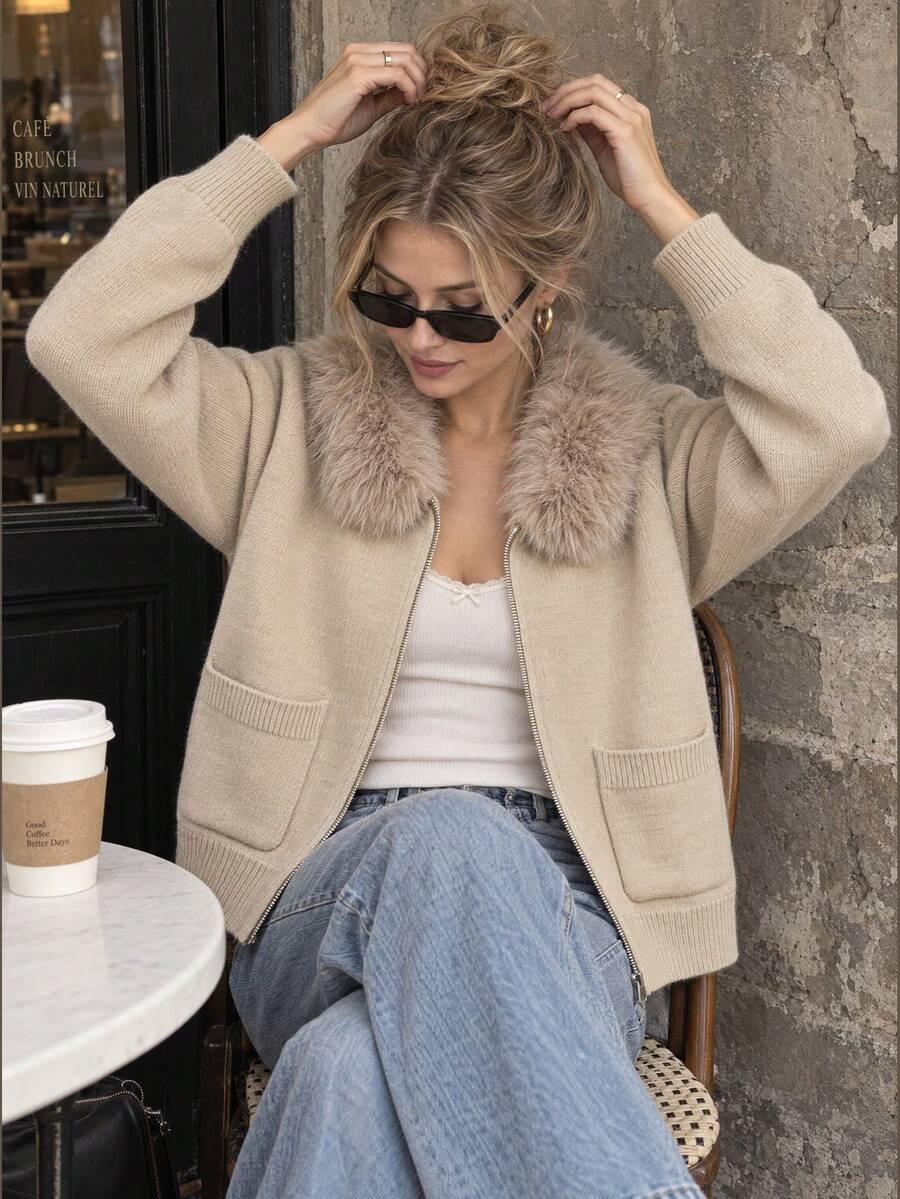 Women's Plush Trim Hooded Knit Cardigan, Winter Casual - Apricot - View 1