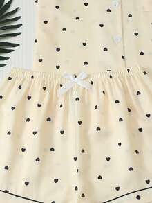 2pcs Women's Comfortable Heart Print Short Sleeve Collared Top And Bow Shorts Pajama Set - Apricot - View 6