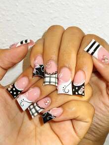 24pcs Square Press-On Nails, Autumn/Winter Black & White Plaid Polka Dot Fake Nails, Mixed Pink 3D Butterfly Rhinestone Nail Art Sticker Set, Includes Jelly Glue And Nail File, Reusable Adhesive Party Nail Decor - Multicolor - View 3