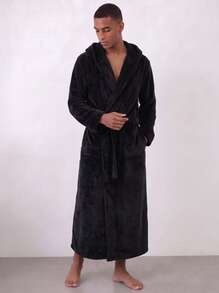 Snug League 1pc Flannel Thick Autumn/Winter Soft & Comfortable Couple Double Pocket Luxury Fleece Hooded Belted Bathrobe For Men - Black - View 3
