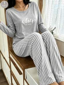 Women's 2 Pieces Pajama Set, Gray Letter Long Sleeve Crew Neck Top And Striped Long Pants, Casual Loungewear Set - Grey - View 1