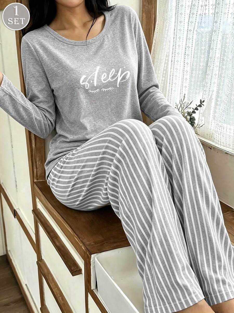 Women's 2 Pieces Pajama Set, Gray Letter Long Sleeve Crew Neck Top And Striped Long Pants, Casual Loungewear Set - Grey - View 1