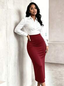 RNU Red Elegant Commuter High Waist Slim Fit Sexy Slit Pencil Skirt, Casual Office Party Versatile Solid Color Skirt For Spring Summer Autumn Winter, Halloween Valentine's Day Christmas New Year Outfit - Red - View 6