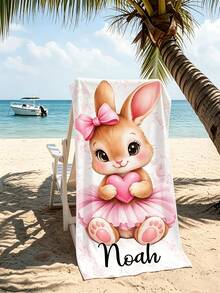 Custom Name Cute Ballerina Bunny Beach Towel, Soft Quick‑Dry Single‑Sided Towel, Pink Bow Heart Rabbit Pattern For Beach Pool, Girls Birthday Gift - Multicolor - View 7