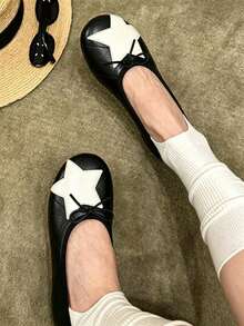 Sweet Cool Star Bow Shallow Vamp Ballet Shoes For Women, Round Toe Soft Sole, Niche Personalized Flat Shoes, Plus Size, All Season - Black - View 10