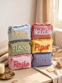 Personalized Plaid Makeup Bag, Customized Name Ruffle Edge Cosmetic Storage Bag, Preppy Style Toiletry Organizer, Gift For Her, Travel Essential - Multicolor - View 3