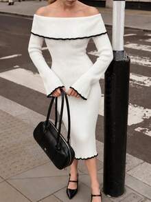 Knitwear Dress; Fish Tail Style Bodycon With Color Block Details And Off Shoulder Design - White - View 9